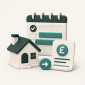 3D illustration of a booked-up calendar, a house and a monthly payout statement